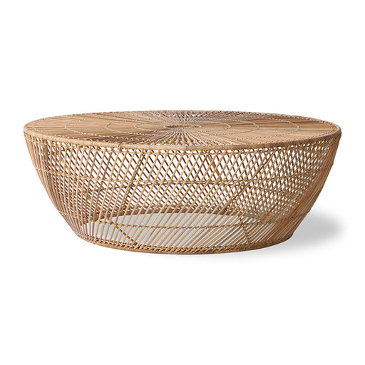 round coffee table made from natural rattan in a contemporary design