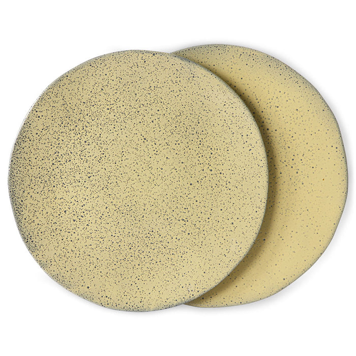 set of two organic shaped yellow speckled stoneware dinner plates