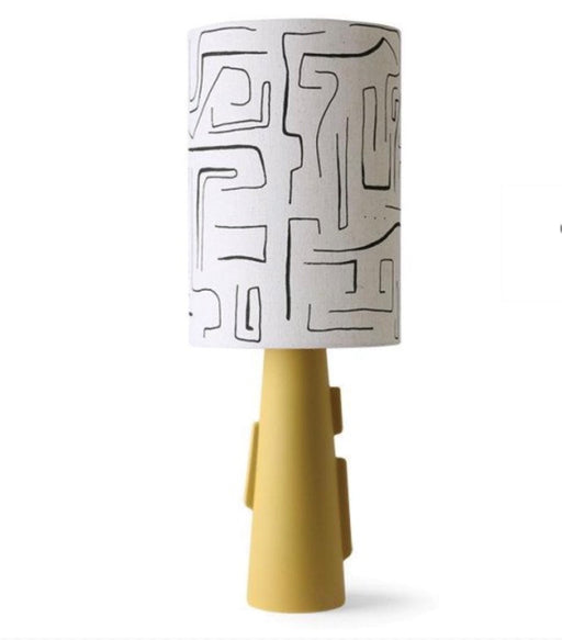 mustard yellow stoneware base and black and white printed table lamp 