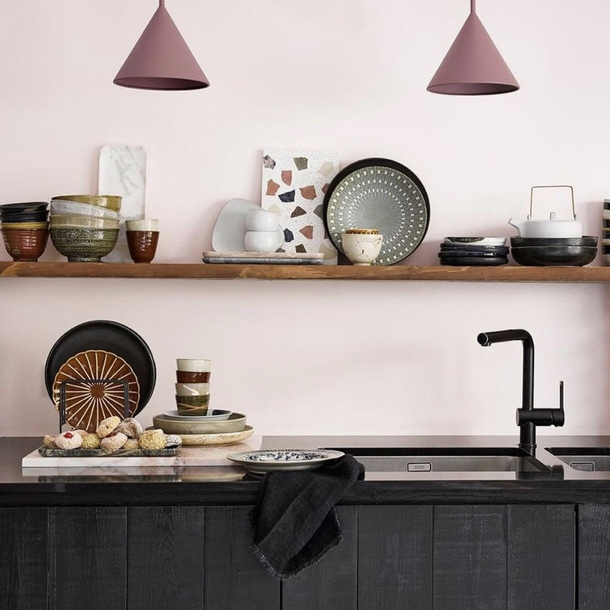 kitchen with open shelving and HKliving accessories