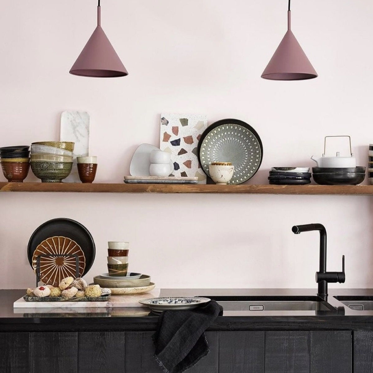 kitchen with open shelving and set of yunomi cups