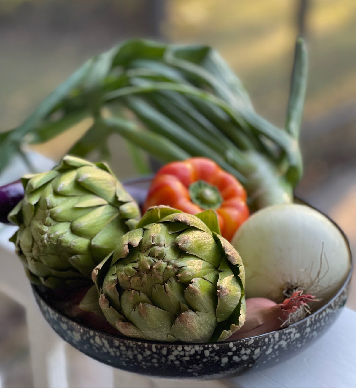 galaxy serving bowl filled with fresh produce