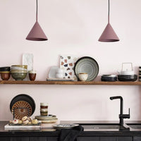 kitchen with open shelving and marble boards