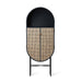 black, oval shaped cabinet with cane webbing doors