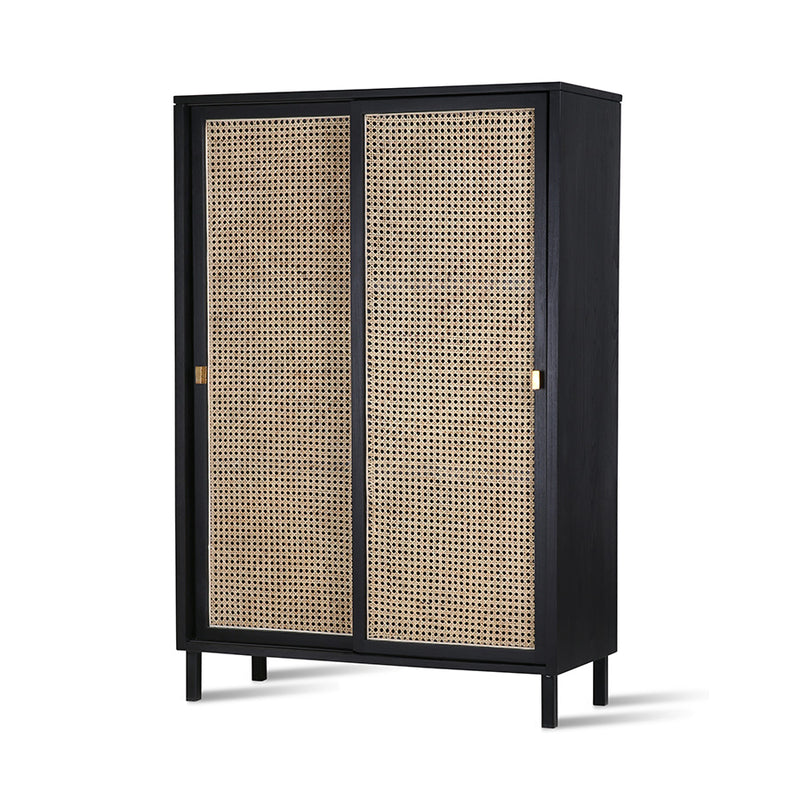 cabinet in black wood with cane webbing sliding doors