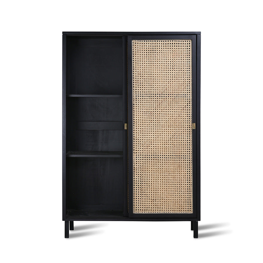 cabinet in black wood with cane webbing sliding doors