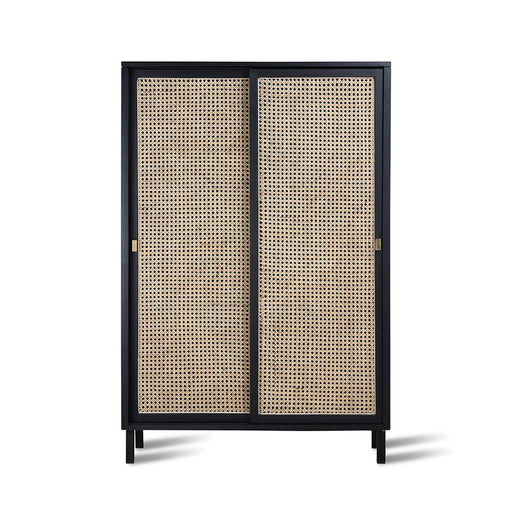cabinet in black wood with cane webbing sliding doors