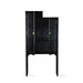 glass and black wood showcase cabinet in staircase shape