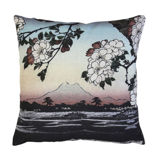printed throw pillow with landscape and flowers in pastel colors