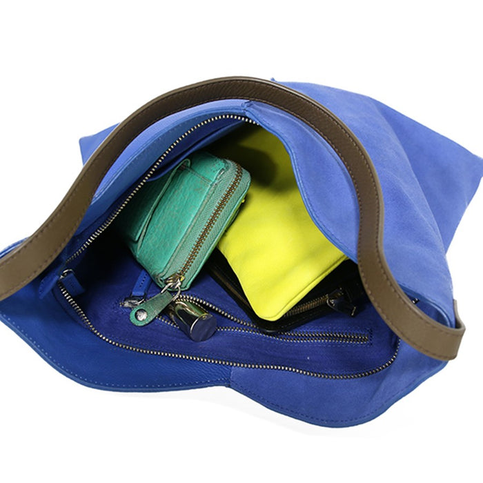Blue leather and suede bag with zipper and separate components