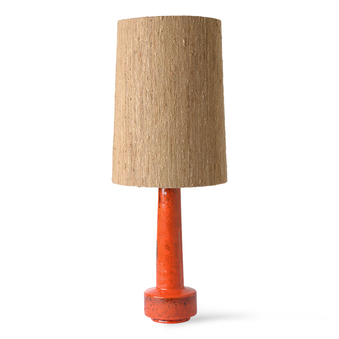 retro inspired table lamp with red stoneware base and brown silk shade